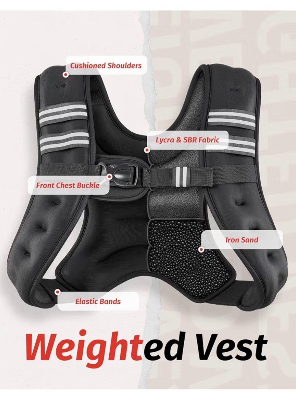 Black Adjustable 8lb Weighted Vest with Front Buckle